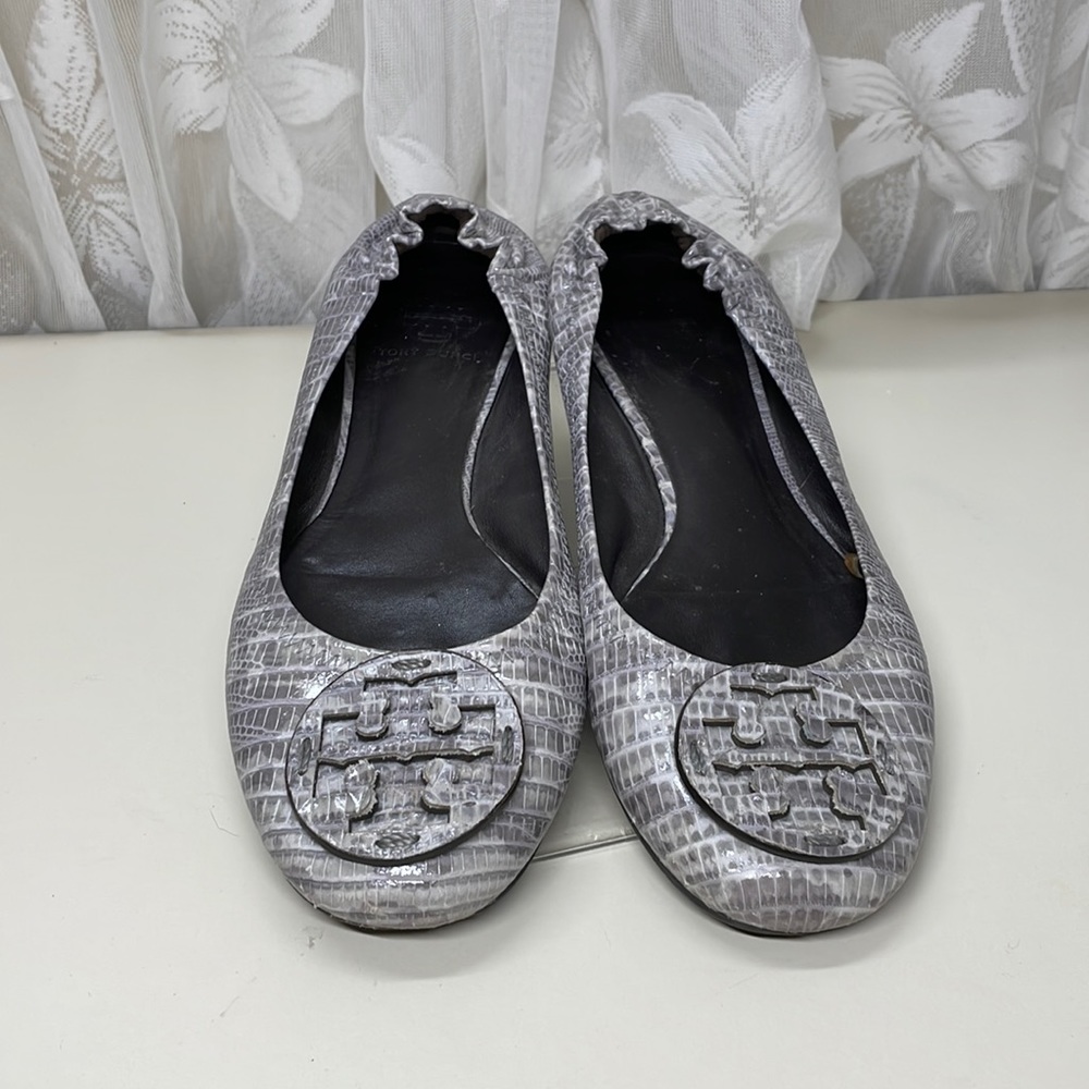 Tory Burch Gray Croc-Embossed Reva Ballet Flats